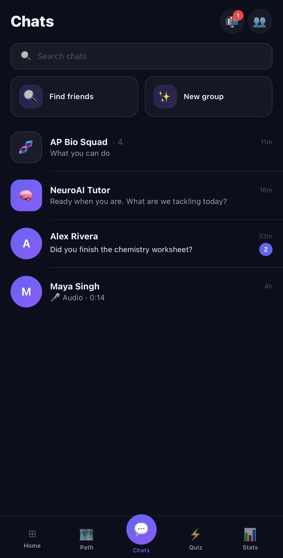 Study chats including AP Bio Squad group and NeuroAI Tutor
