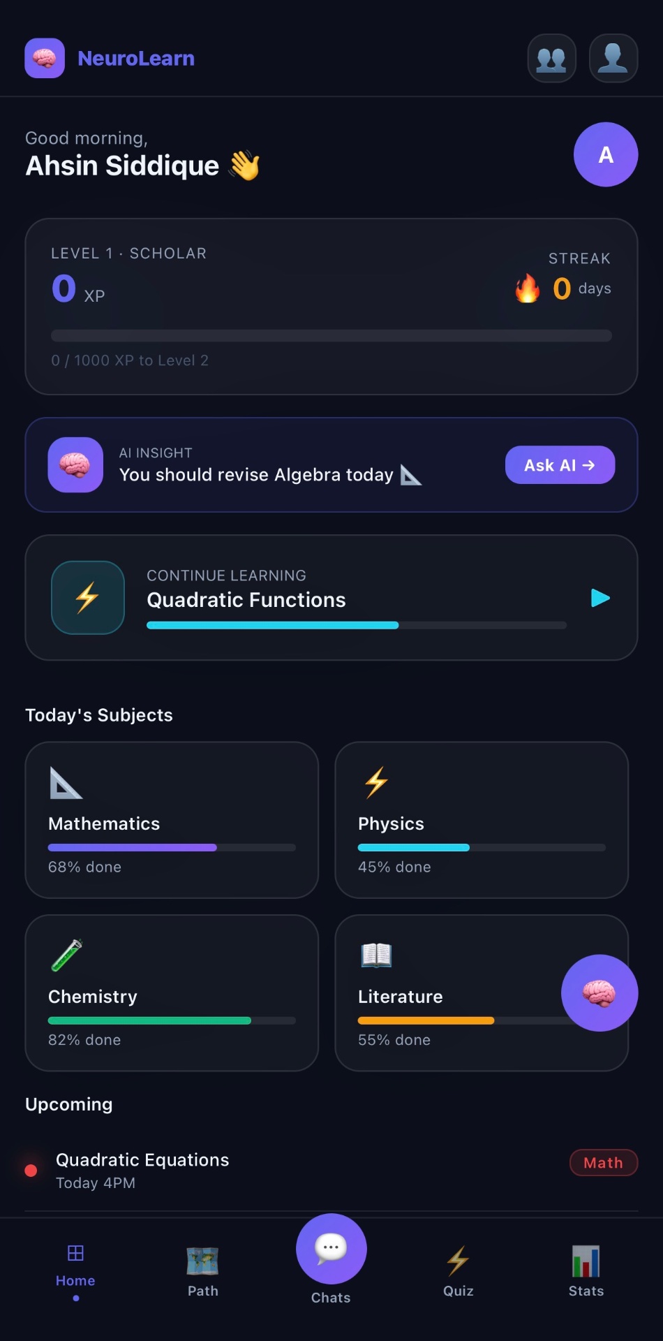 Daily AI insight nudging the student to revise algebra