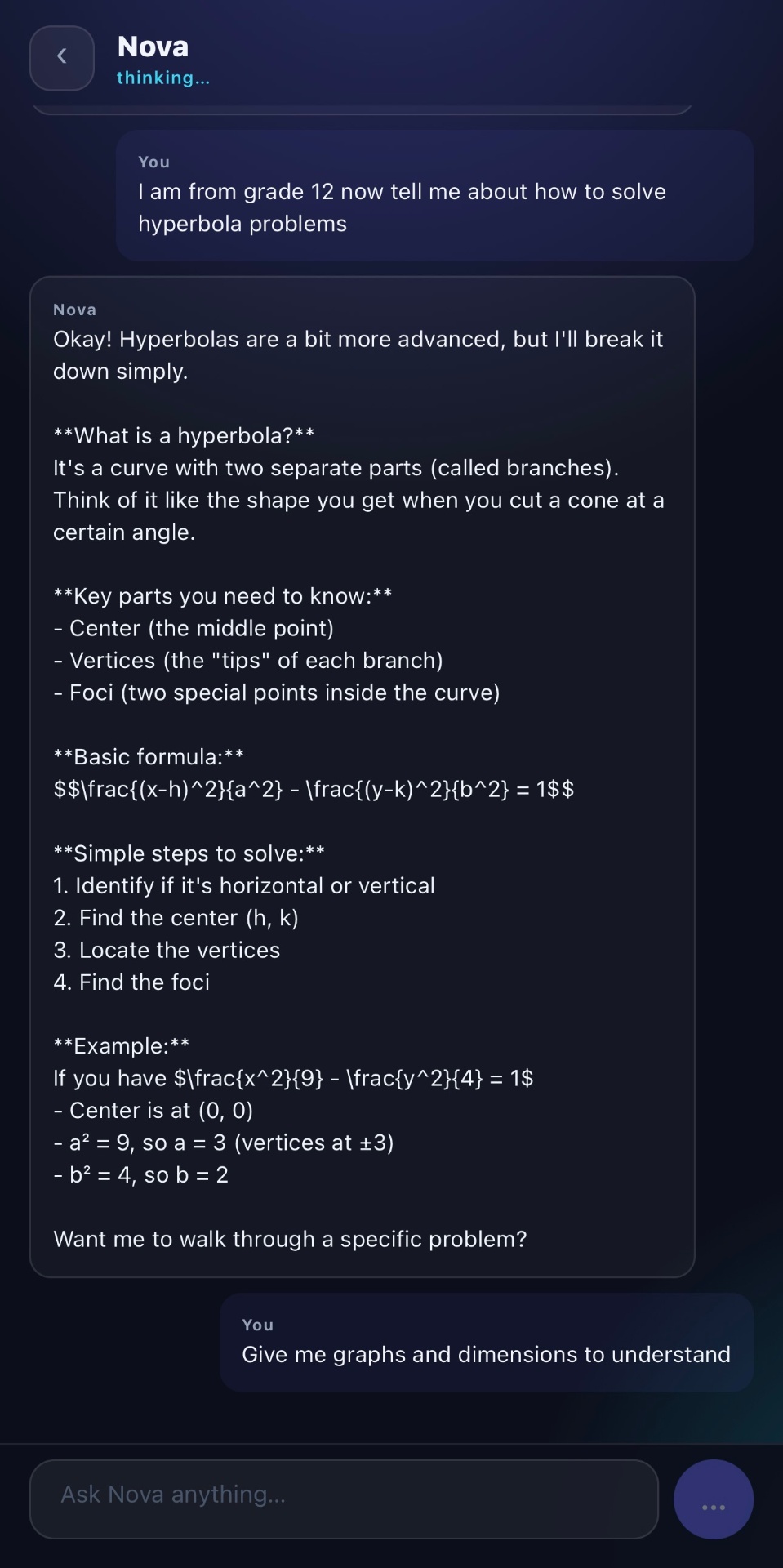 Chatting with Nova, the AI tutor, about hyperbola problems