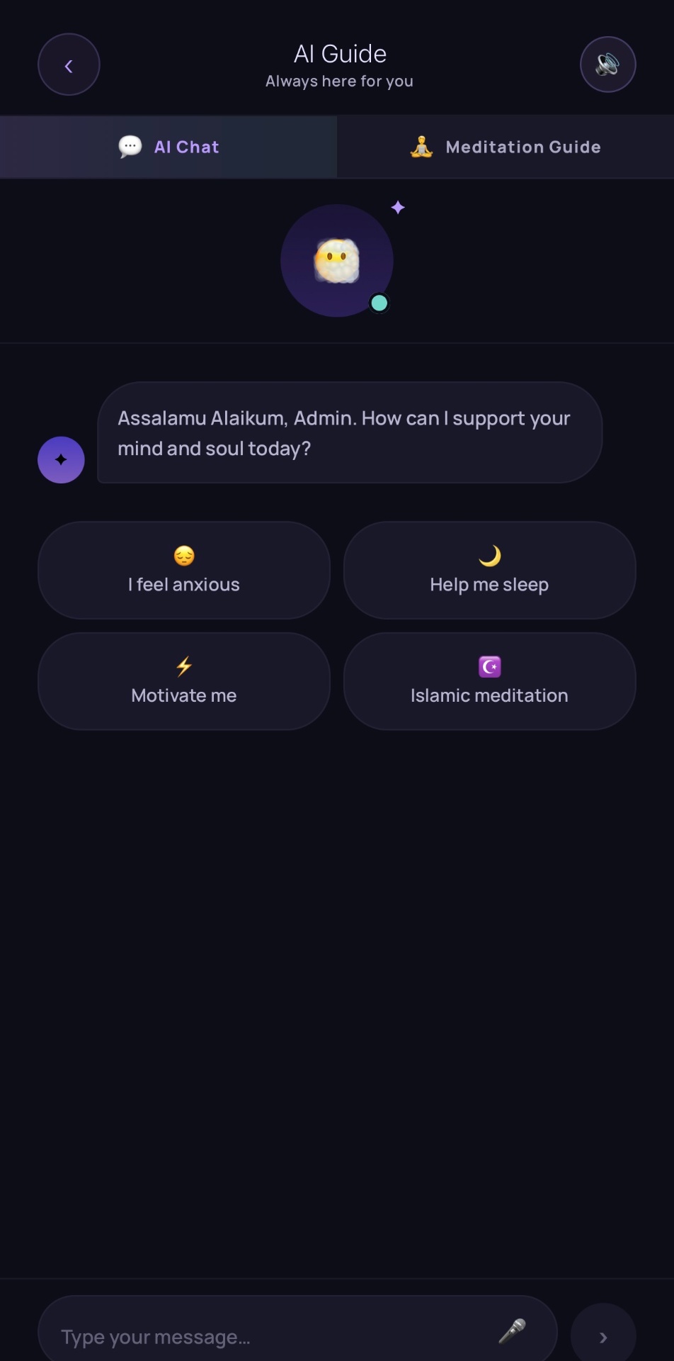 SoulFlow AI Guide chat with quick prompts: I feel anxious, Help me sleep, Motivate me, Islamic meditation
